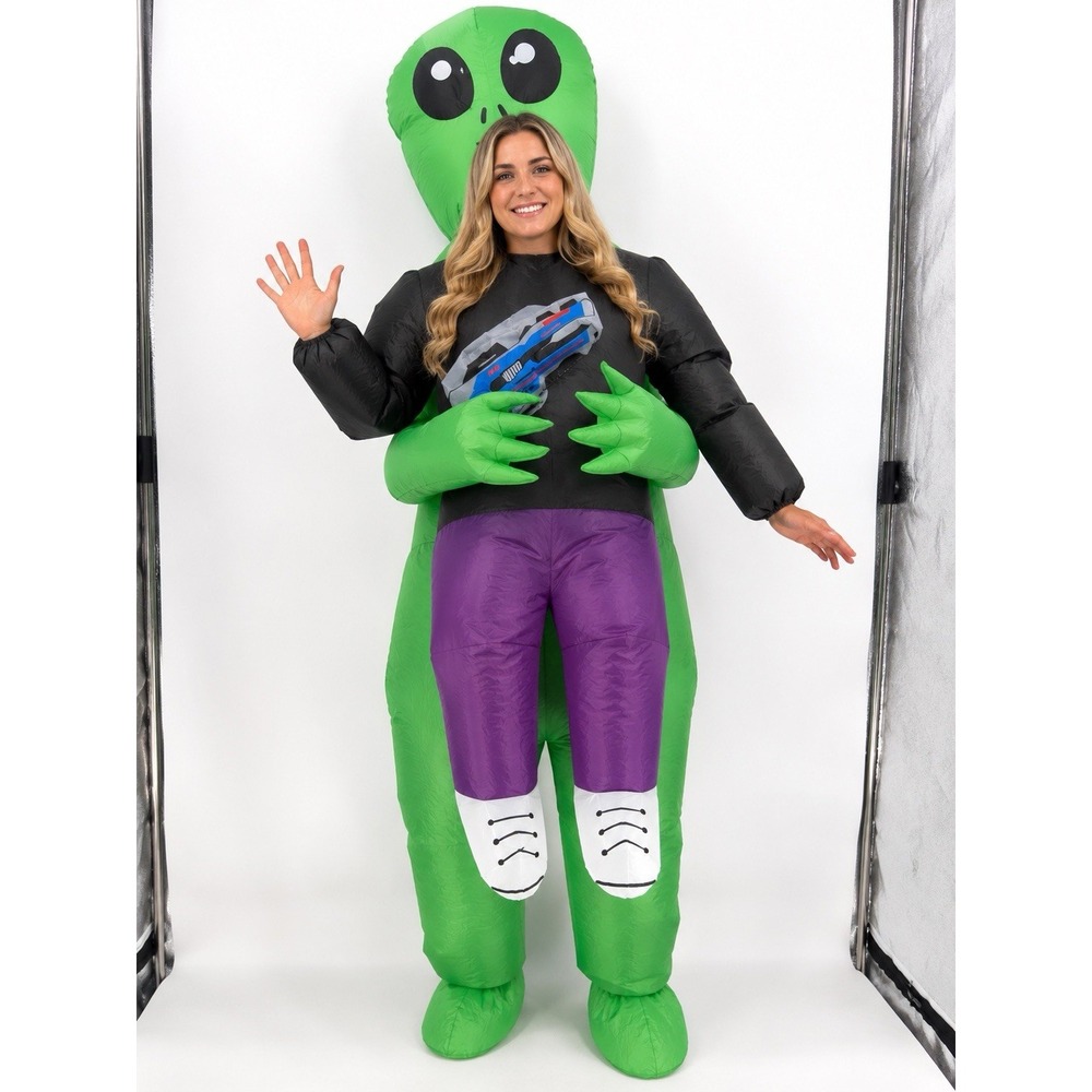 Green Alien Inflatable AdultCostume with Purple Pants